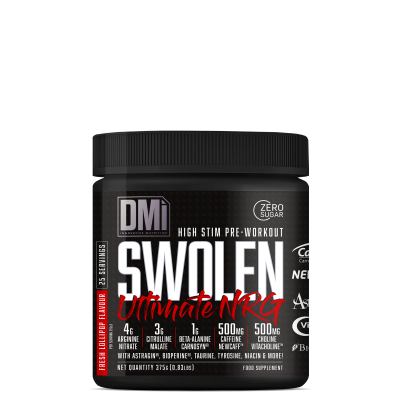 Frasco preto de suplemento pré-treino DM SWOLLEN Ultimate NRG com rótulo preto, texto branco e vermelho e tampa de rosca