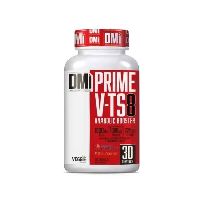 Frasco branco com tampa vermelha e rótulo vermelho de suplemento DMi PRIME V-TS 8