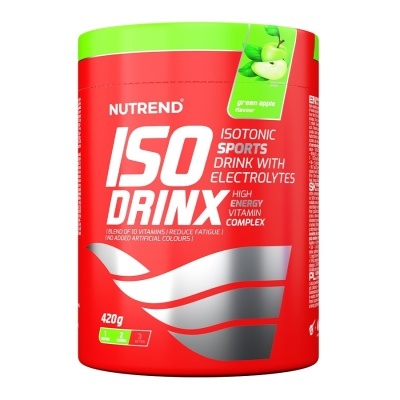 Embalagem vermelha e verde de bebida isotónica Nutrend ISO Drinx sabor maçã verde