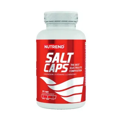Frasco branco com rótulo vermelho de suplemento alimentar Nutrend Salt Caps