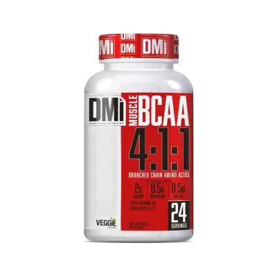 Frasco de suplemento alimentar branco com tampa vermelha e rótulo vermelho e branco DMI Muscle BCAA 4:1:1