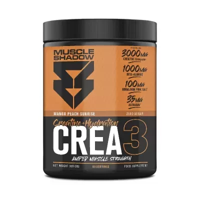Frasco de suplemento Muscle Shadow CREA3 sabor Mango Peach Sunrise