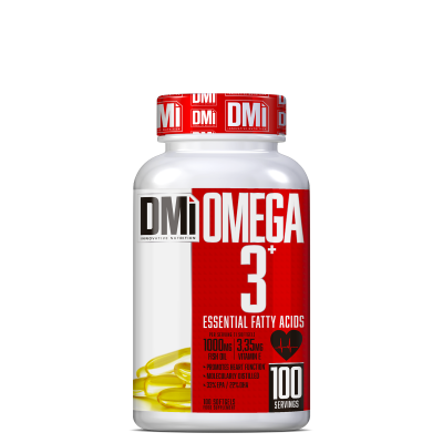 Frasco de suplemento Omega 3+ DMi com cápsulas amarelas e rótulo vermelho e branco