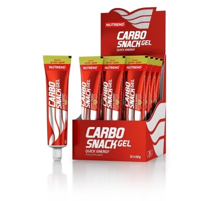 Embalagens vermelhas e brancas de Nutrend Carbo Snack Gel em caixa de exposição