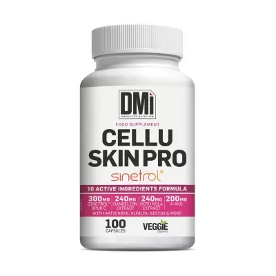 Frasco branco suplementar CELLU SKIN PRO com etiqueta branca e rosa e texto em preto e rosa