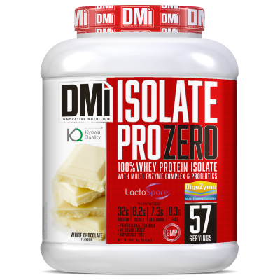 Embalagem de suplemento de proteína isolada de soro de leite sabor chocolate branco.