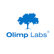 Logótipo azul da Olimp Labs com árvore e texto em fundo branco