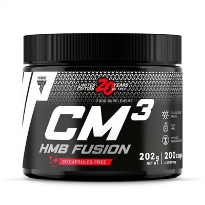 Frasco de suplemento alimentar CM3 HMB FUSION preto com tampa preta e rótulo branco, preto e vermelho