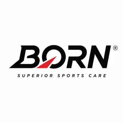 Logotipo da marca BORN com texto preto e triângulo vermelho e texto SUPERIOR SPORTS CARE.