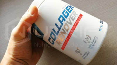 Frasco branco de suplemento alimentar Collagen Renov com rótulo colorido