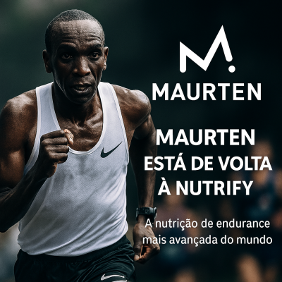 Atleta a correr com colete branco e calças pretas e texto sobre MAURTEN e Nutrição