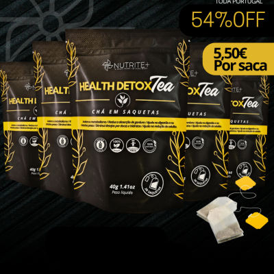 Cinco embalagens negras de chá Health Detox Tea com texto amarelo e branco e dois saquinhos de chá visíveis