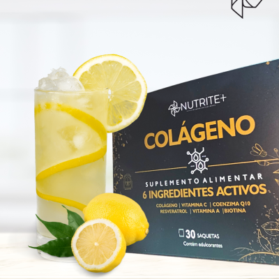 Embalagem de suplemento Nutrite+ Colágeno com bebida com limão e limões frescos