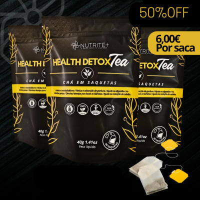 Pacotes de chá Health Detox Tea com embalagem preta e detalhes amarelos