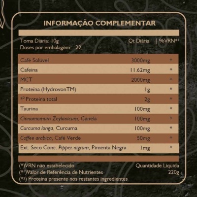Tabela de Informação Complementar com ingredientes e quantidades diárias para suplemento em fundo preto
