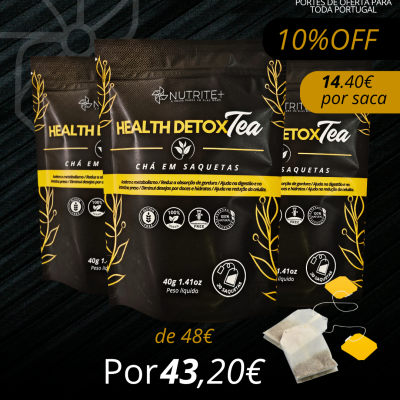 Embalagens de chá Health Detox Tea preto e amarelo com texto promocional
