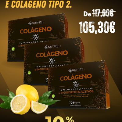 Promoção de suplemento alimentar Colágeno Nutrite+ com desconto, mostrando caixas e limões