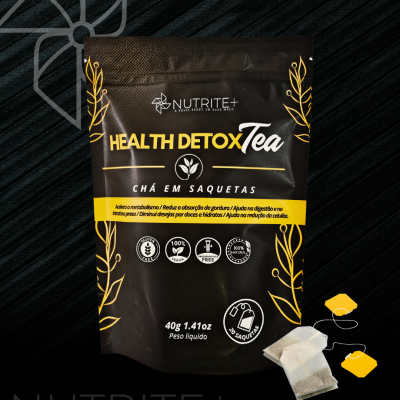 Pacote preto e amarelo de chá DETOX da NUTRITE+ com duas saquetas de chá ao lado