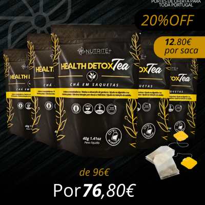 Pacotes de chá preto e amarelo HEALTH DETOX Tea com promoção e preços em fundo escuro