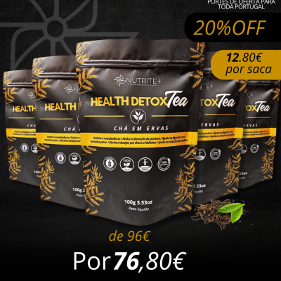 Sacos pretos de chá Health Detox Tea com detalhes amarelos e dourados, promoção de 20% OFF