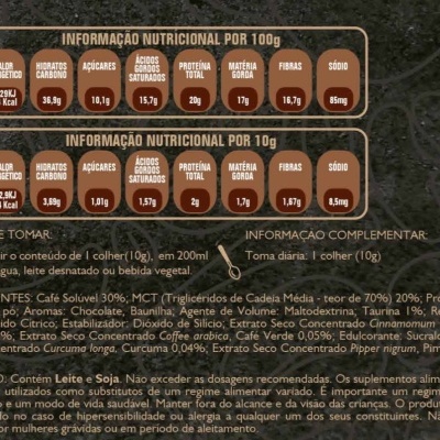 Tabela de informação nutricional e modo de tomar em português com fundo castanho
