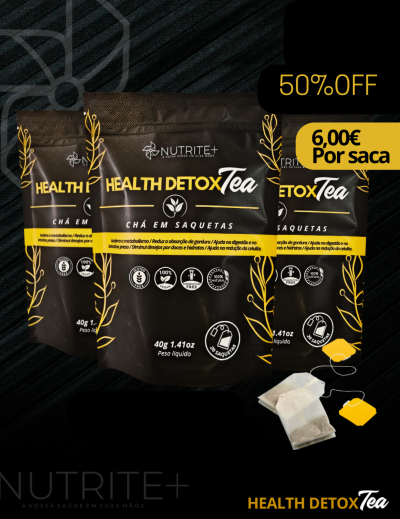 Pacotes de chá Health Detox Tea com embalagem preta e detalhes amarelos