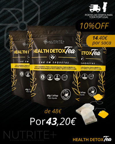 Embalagens de chá Health Detox Tea preto e amarelo com texto promocional