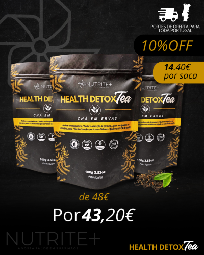 Embalaagens pretas de chá Health Detox Tea da NUTRITE+ com texto amarelo e branco e oferta promocional