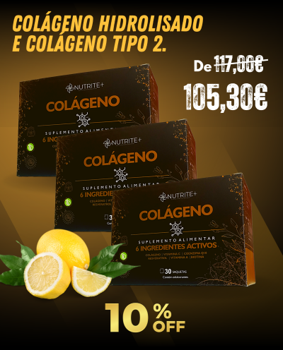 Promoção de suplemento alimentar Colágeno Nutrite+ com desconto, mostrando caixas e limões