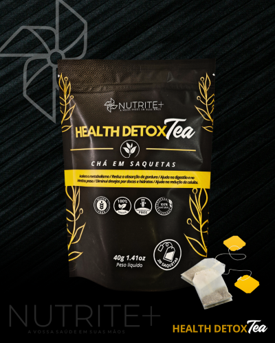 Pacote preto e amarelo de chá DETOX da NUTRITE+ com duas saquetas de chá ao lado