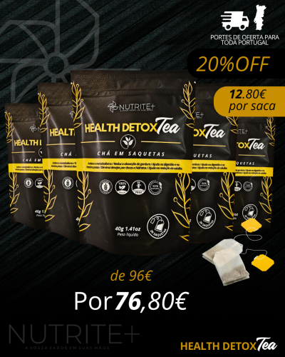 Pacotes de chá preto e amarelo HEALTH DETOX Tea com promoção e preços em fundo escuro