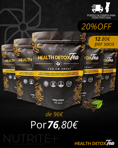 Sacos pretos de chá Health Detox Tea com detalhes amarelos e dourados, promoção de 20% OFF