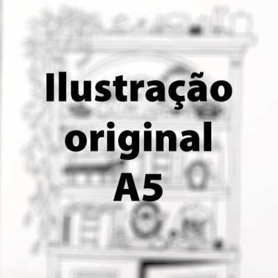 Ilustração original A5 com desenho de prateleira e objetos pretos e brancos