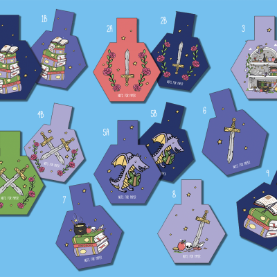 Etiquetas de papel hexagonais coloridas com desenhos de livros, espadas, dragões e texto 'NOT FOR YOU'