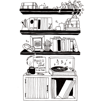 Desenho a preto e branco de prateleiras com livros, plantas, objetos, música e texto inspirador.