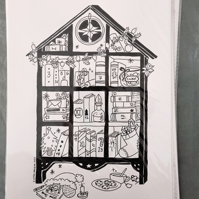 Desenho de casa-estante numerada para calendário do advento com motivos de Natal