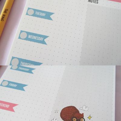 Planner semanal com ilustração de esquilo e espaço para notas em papel branco