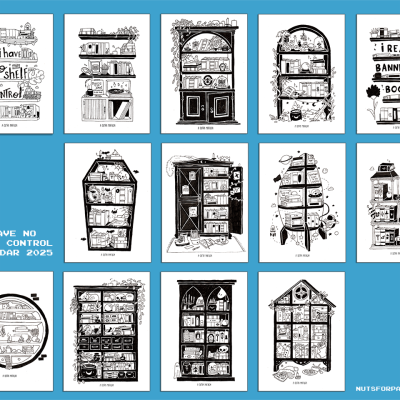 Calendário 2025 com ilustrações de estantes de livros preto e branco