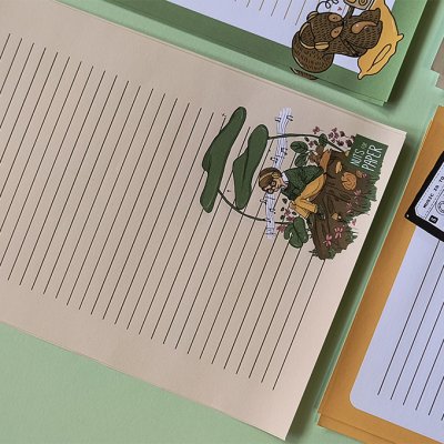 Folha de papel pautado com ilustração de pessoa rodeada de plantas lendo um livro