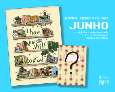 Ilustração de estantes com livros e texto 'I have no shelf control' e caderno com ponto de interrogação sobre fundo azul