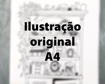 Ilustração original A4 com prateleiras desenhadas a preto e branco