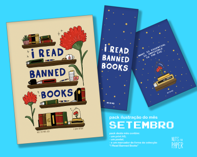 Pack de ilustração e marcadores com tema 'I READ BANNED BOOKS' e design com livros e flores vermelhas