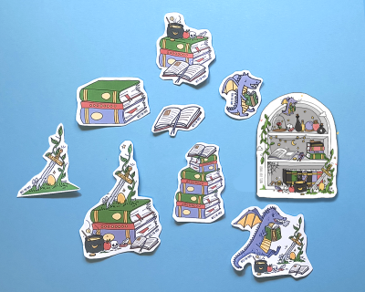 Autocolantes ilustrados com livros e dragões em fundo azul claro