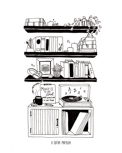 Desenho a preto e branco de prateleiras com livros, plantas, objetos, música e texto inspirador.