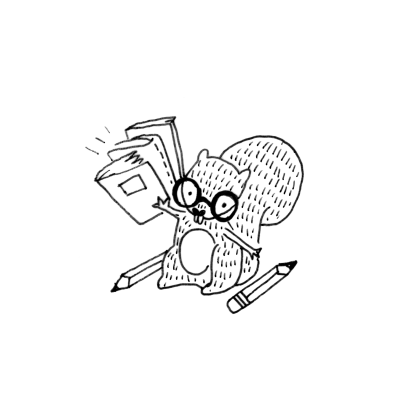 Desenho a preto e branco de um esquilo com óculos a segurar um livro e dois lápis no chão