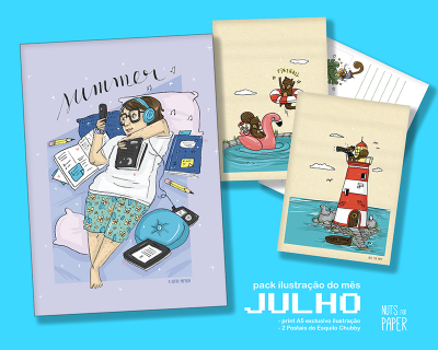 Cartões ilustrativos com personagens e elementos de verão em estilo cartoon, texto sobre pack ilustração do mês julho.