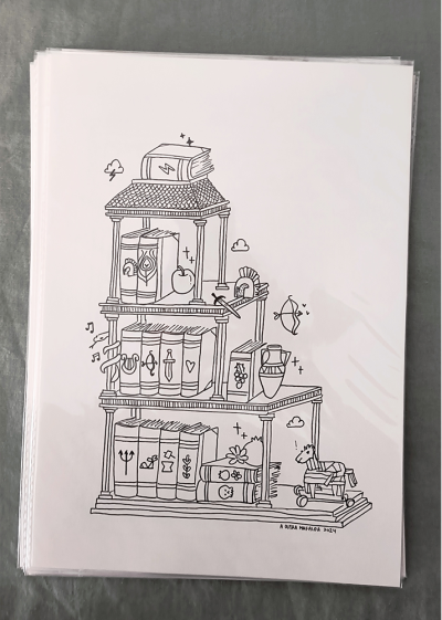 Impressão artística a preto e branco de estante com livros e objetos simbólicos