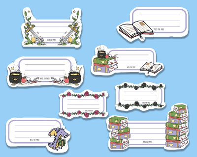 Etiquetas decorativas com temas de livros, escrita e natureza para rótulos