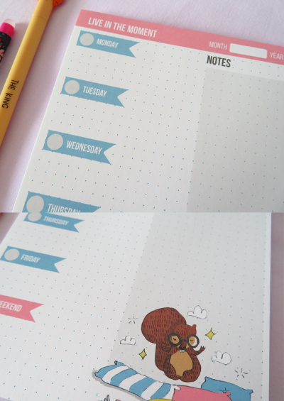 Planner semanal com ilustração de esquilo e espaço para notas em papel branco