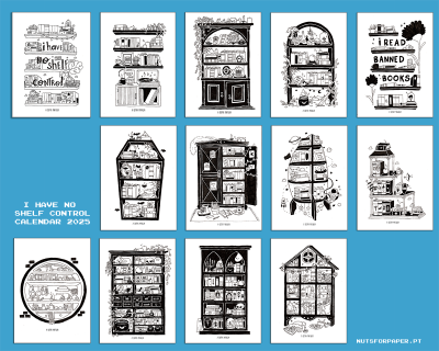 Calendário 2025 com ilustrações de estantes de livros preto e branco